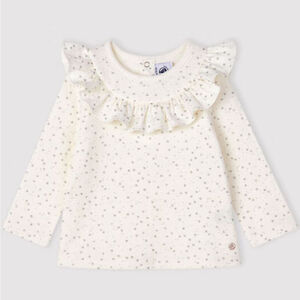 FRENCH Petit Bateau Long Sleeve Tee 24 Months White Silver Stars Ruffle Bib